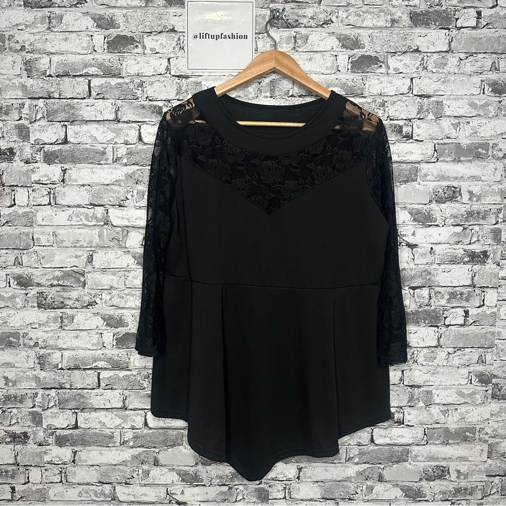 EUC Shein Black Blouse with Transparent Floral Sleeves Size 4XL